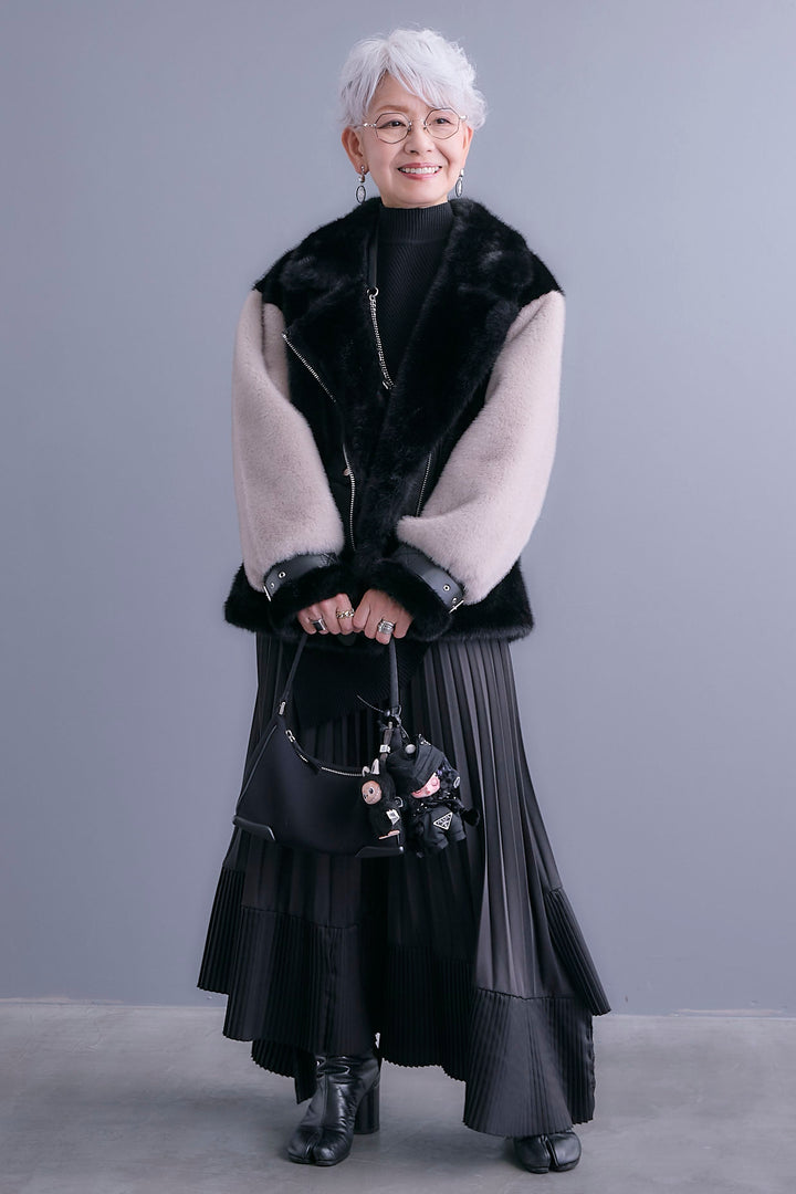 【SET】アシンメトリーオーバーニット+ライダースドッキングエコファージャケット+アシンメトリープリーツスカート(3set)