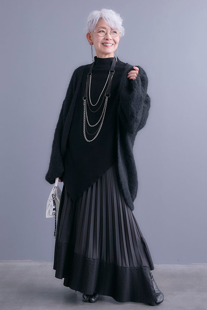 【SET】アシンメトリーオーバーニット+ボリュームスリーブニットカーディガン+アシンメトリープリーツスカート(3set)