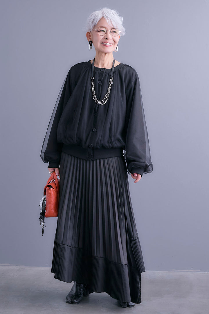 【SET】ノーカラーチュールレイヤードカーディガン+アシンメトリープリーツスカート(2set)