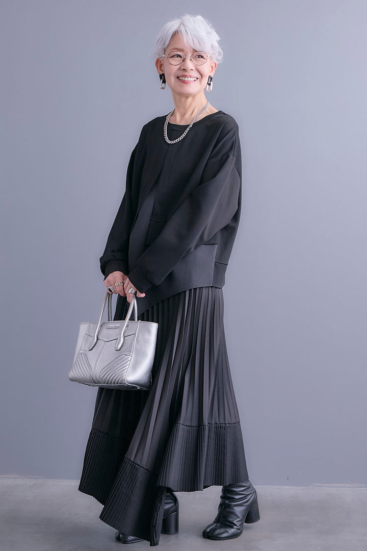 【SET】レイヤードデザインアシンメトリープルオーバー+アシンメトリープリーツスカート(2set)