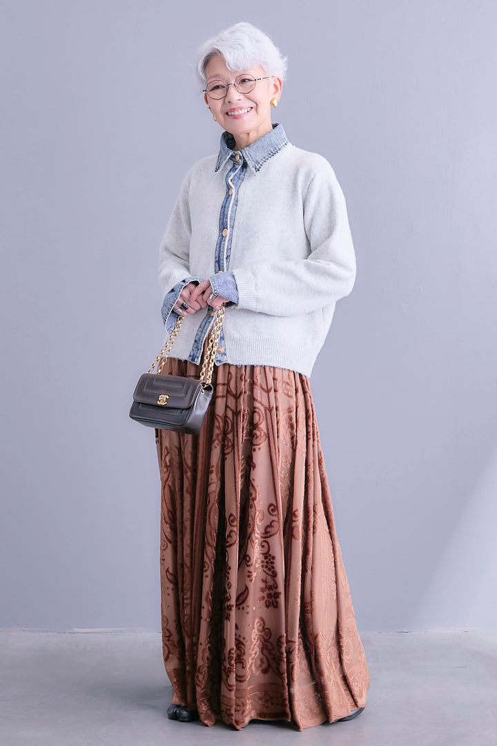 【SET】デニムコンビニットカーディガン+フロッキージャガードチュールロングスカート(2set)