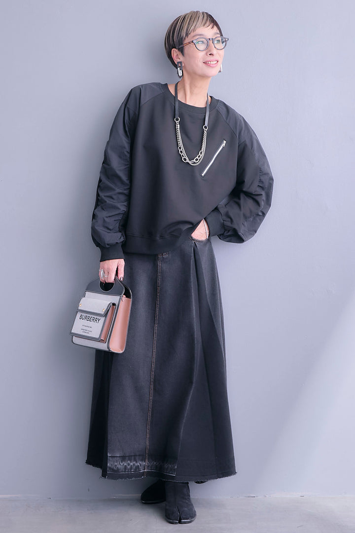 【SET】フロントZIPシャーリングスリーブトップス+プリーツタックデニムスカート(2set)