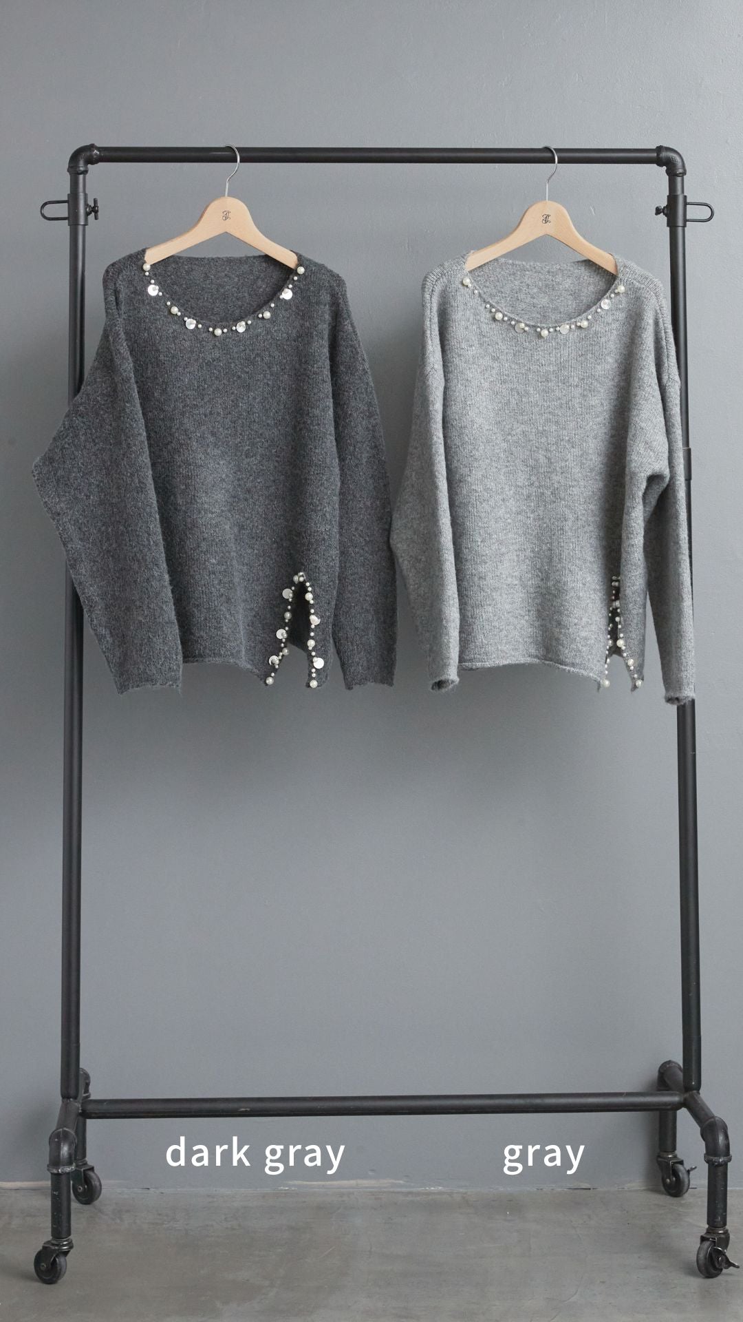 【SET】ビジューニットセットアップ+ラウンドシルエットエコレザーノーカラージャケット(2set)