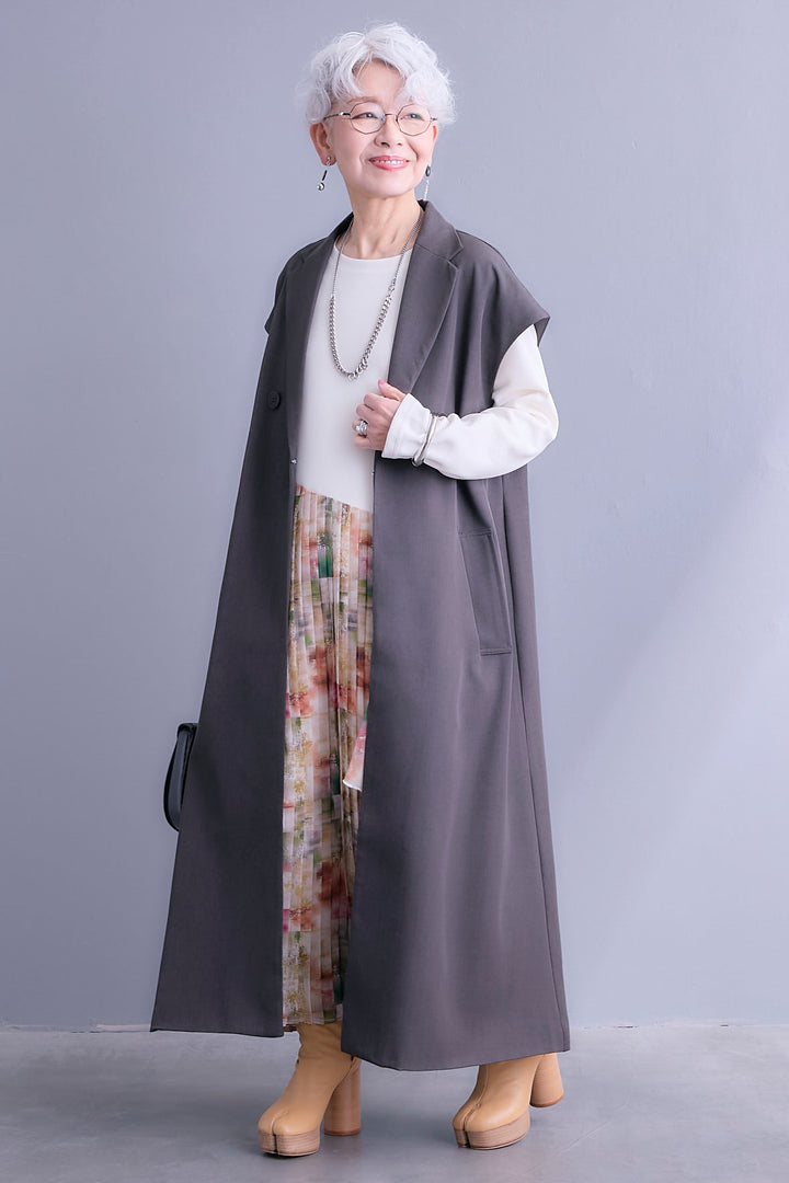 【SET】テーラードロングジレ+アシメフラワープリーツドッキングワンピース(2set)