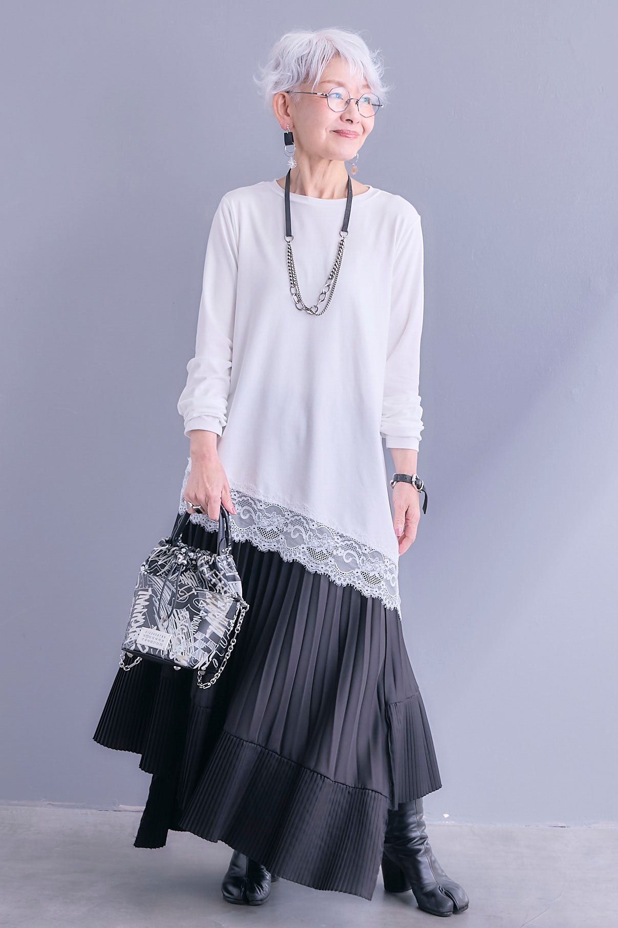 SET】ヘムレースアシメロンT+アシンメトリープリーツスカート(2set