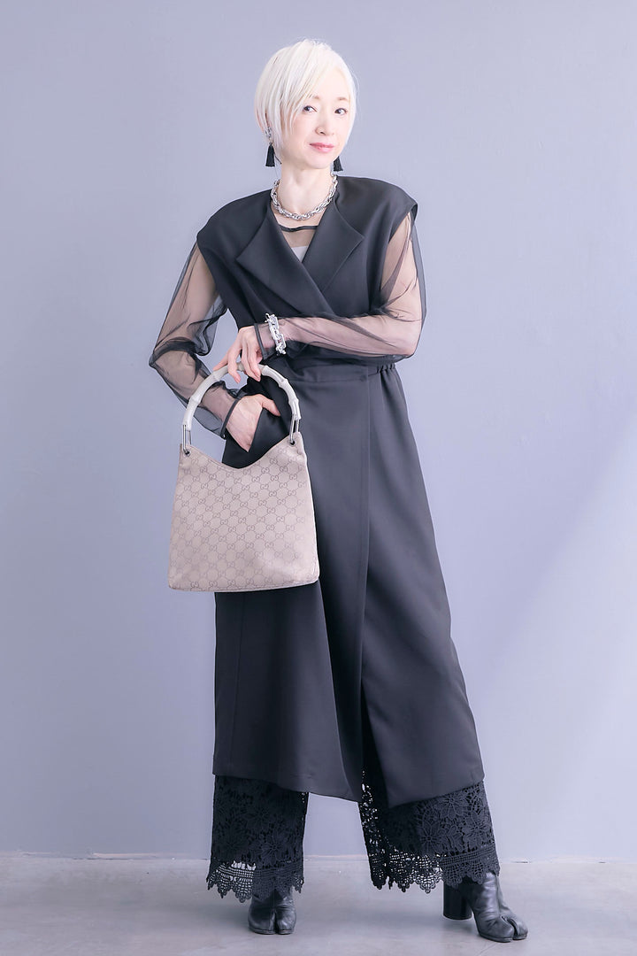 【SET】ジレワンピース×チュールトップスSET+ケミカルレースパンツ(2set)