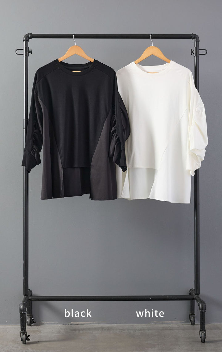 【SET】シャーリングスリーブバックロングプルオーバー+アシンメトリープリーツスカート(2set)