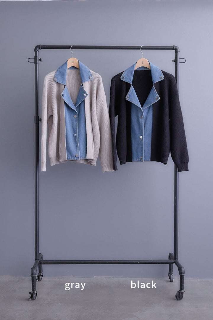 【SET】デニムライダースニットカーディガン+アシンメトリープリーツスカート(2set)