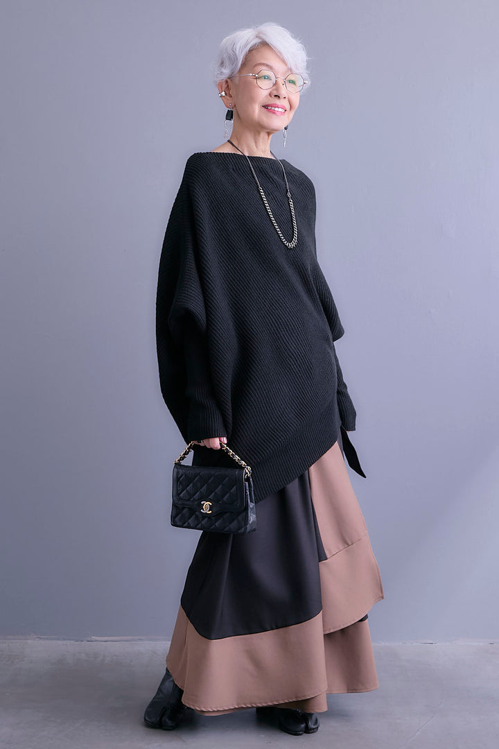 【SET】アシンメトリーボートネックドルマンニット+ツートーンアシメラップフレアスカート(2set)