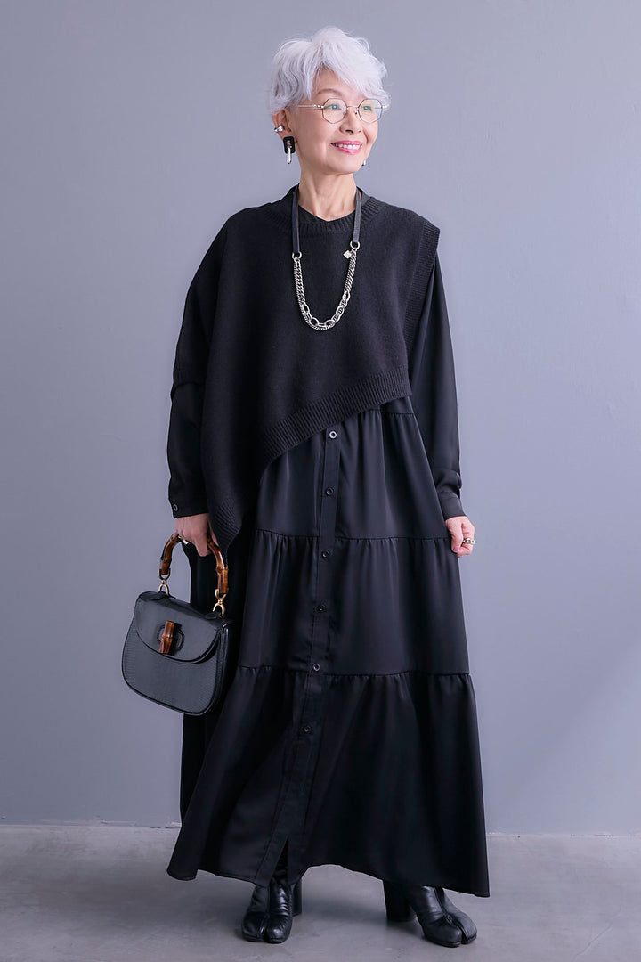 【SET】ケープライクアシンメトリーニットベスト+マットサテンティアードシャツワンピース(2set)