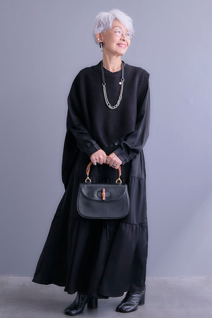 【SET】ケープライクアシンメトリーニットベスト+マットサテンティアードシャツワンピース(2set)