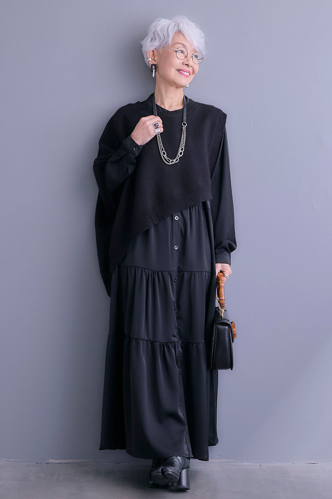 【予約】マットサテンティアードシャツワンピース