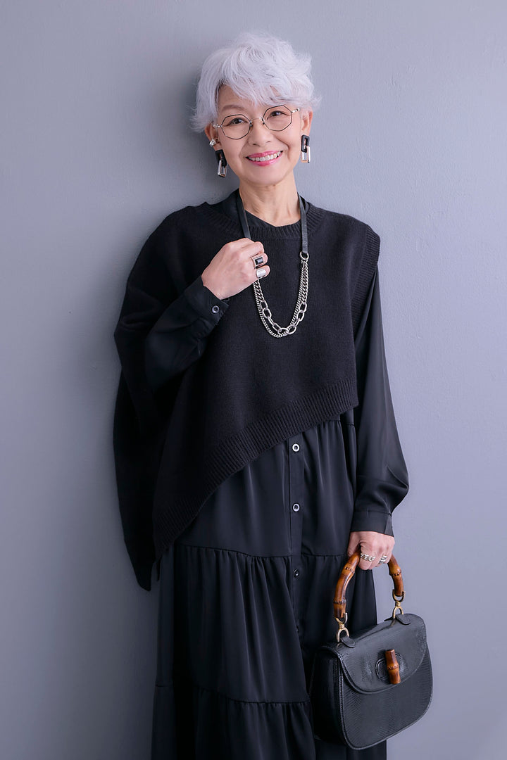 【SET】ケープライクアシンメトリーニットベスト+マットサテンティアードシャツワンピース(2set)