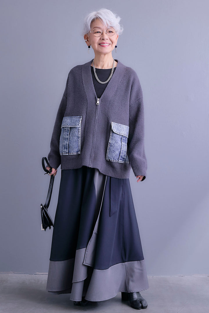 【SET】デニムポケットZIPニットカーディガン+ツートーンアシメラップフレアスカート(2set)