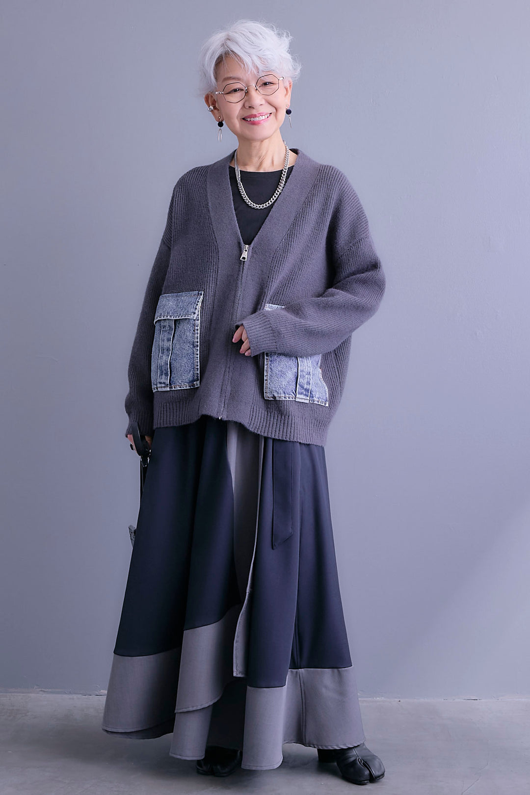 【SET】デニムポケットZIPニットカーディガン+ツートーンアシメラップフレアスカート(2set)