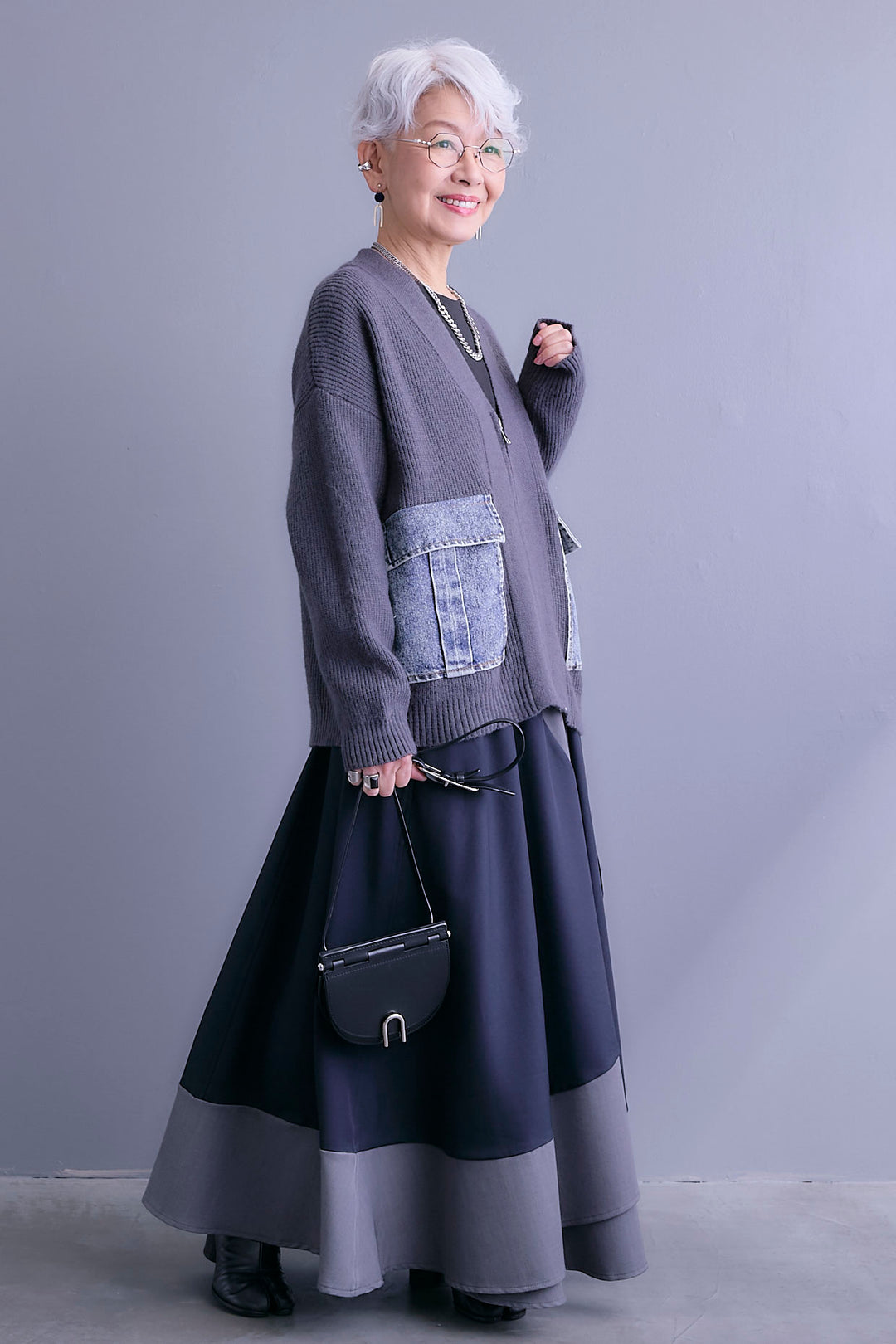 【SET】デニムポケットZIPニットカーディガン+ツートーンアシメラップフレアスカート(2set)