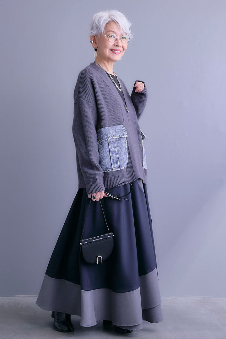 【SET】デニムポケットZIPニットカーディガン+ツートーンアシメラップフレアスカート(2set)