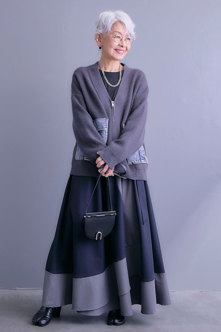 【SET】デニムポケットZIPニットカーディガン+ツートーンアシメラップフレアスカート(2set)