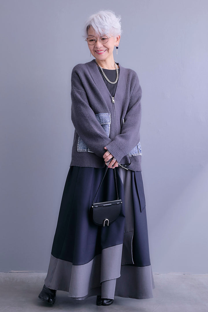 【SET】デニムポケットZIPニットカーディガン+ツートーンアシメラップフレアスカート(2set)