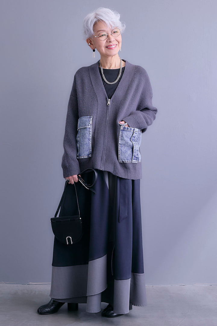 【SET】デニムポケットZIPニットカーディガン+ツートーンアシメラップフレアスカート(2set)