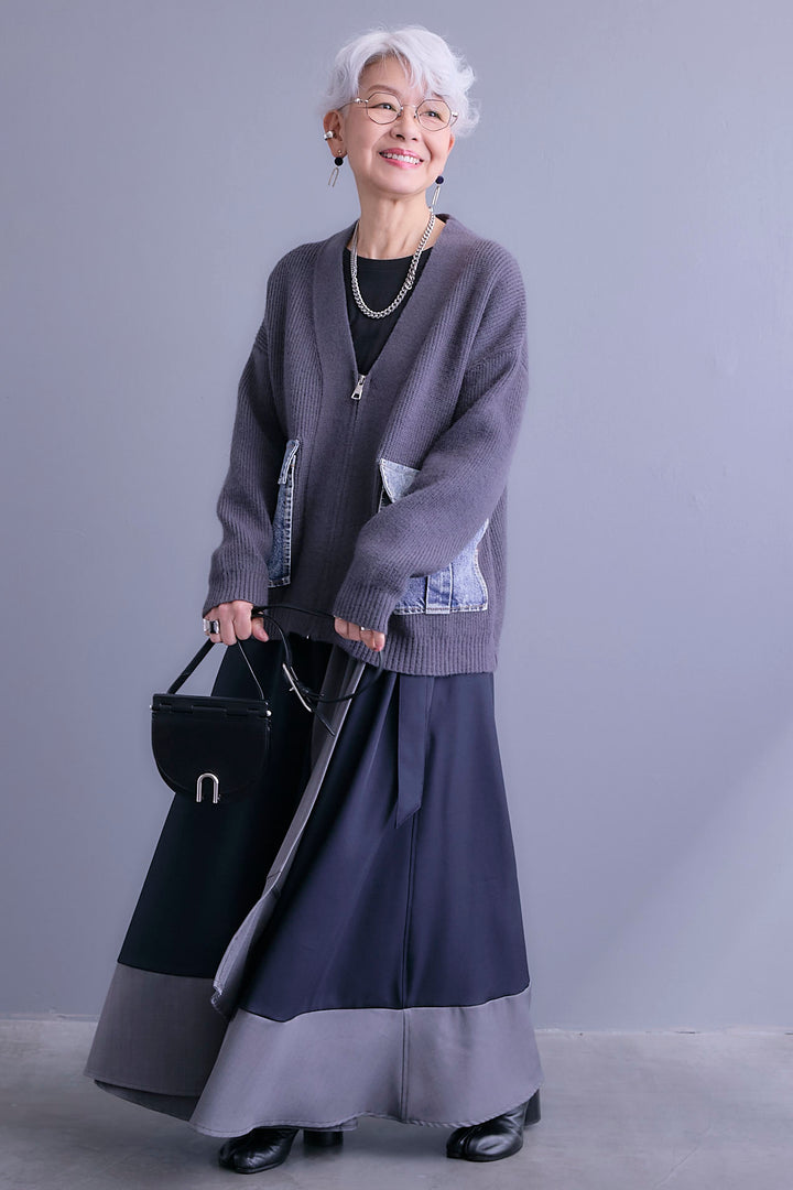 【SET】デニムポケットZIPニットカーディガン+ツートーンアシメラップフレアスカート(2set)