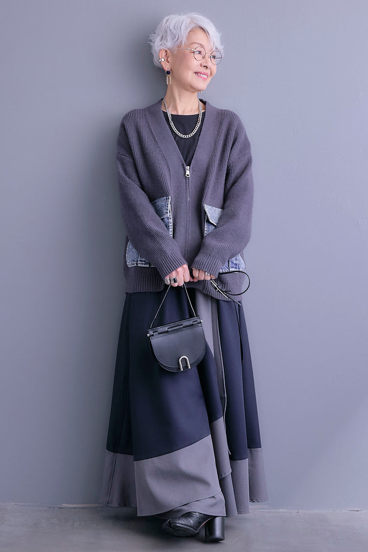 【SET】デニムポケットZIPニットカーディガン+ツートーンアシメラップフレアスカート(2set)