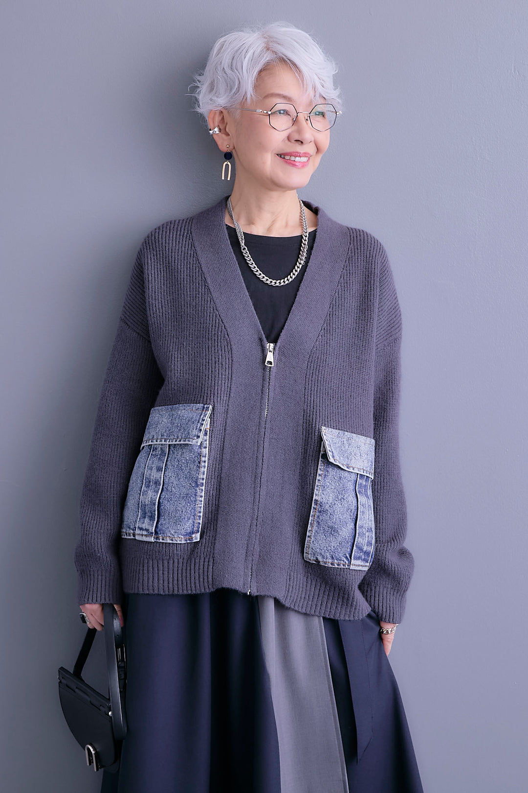 【SET】デニムポケットZIPニットカーディガン+ツートーンアシメラップフレアスカート(2set)