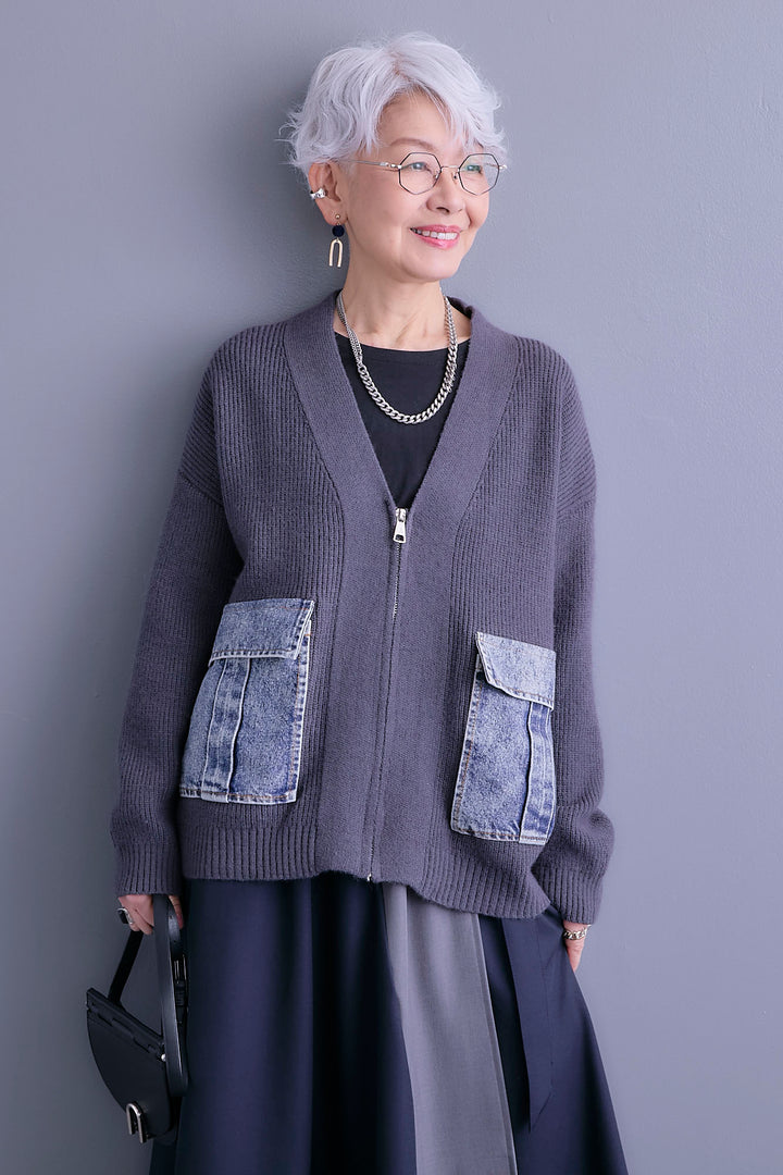 【SET】デニムポケットZIPニットカーディガン+ツートーンアシメラップフレアスカート(2set)