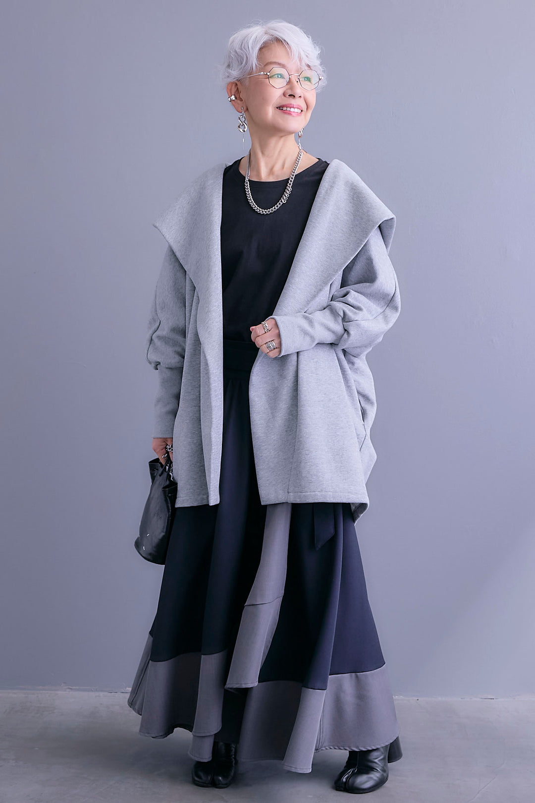 【SET】裏起毛ドルマンガウン+ツートーンアシメラップフレアスカート(2set)