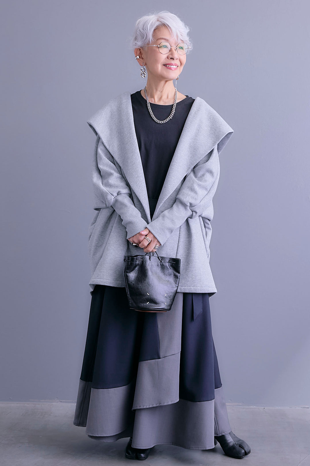 【SET】裏起毛ドルマンガウン+ツートーンアシメラップフレアスカート(2set)