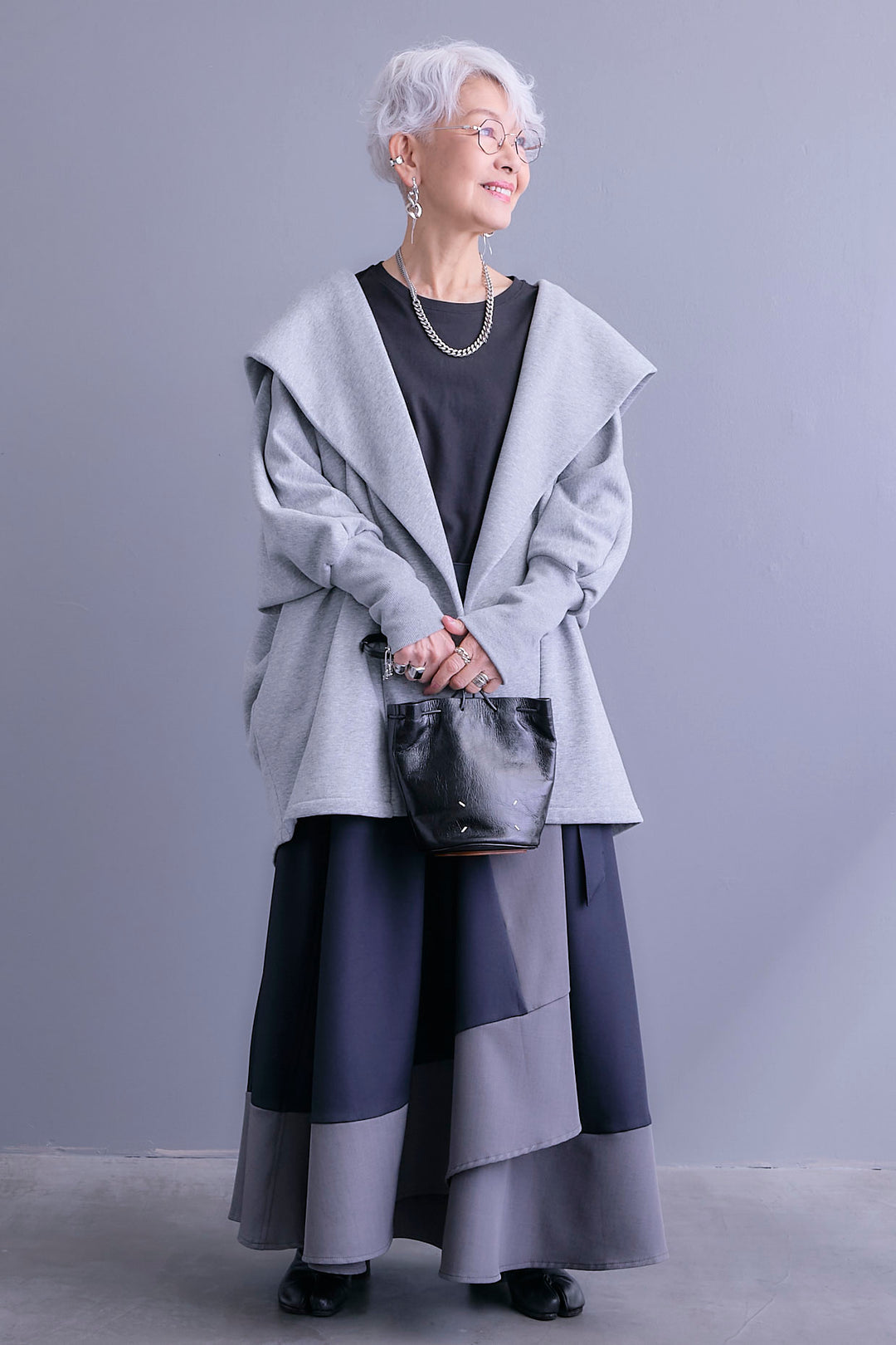 【SET】裏起毛ドルマンガウン+ツートーンアシメラップフレアスカート(2set)