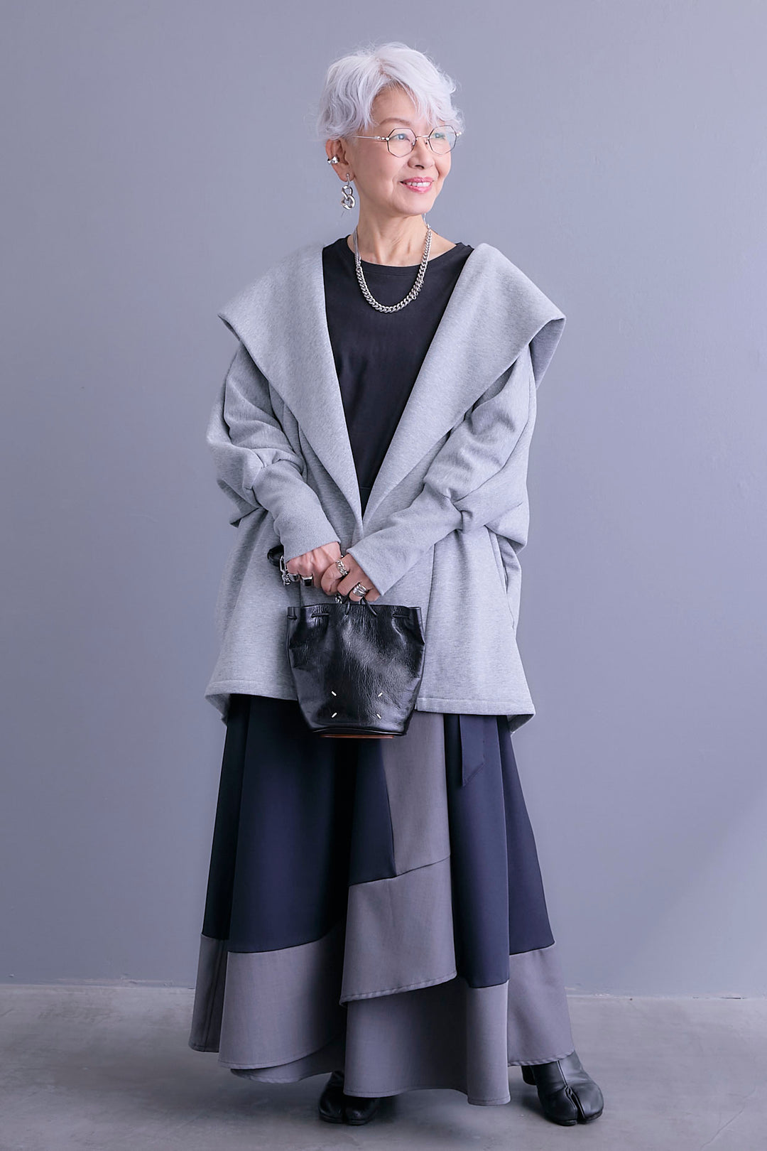 【SET】裏起毛ドルマンガウン+ツートーンアシメラップフレアスカート(2set)