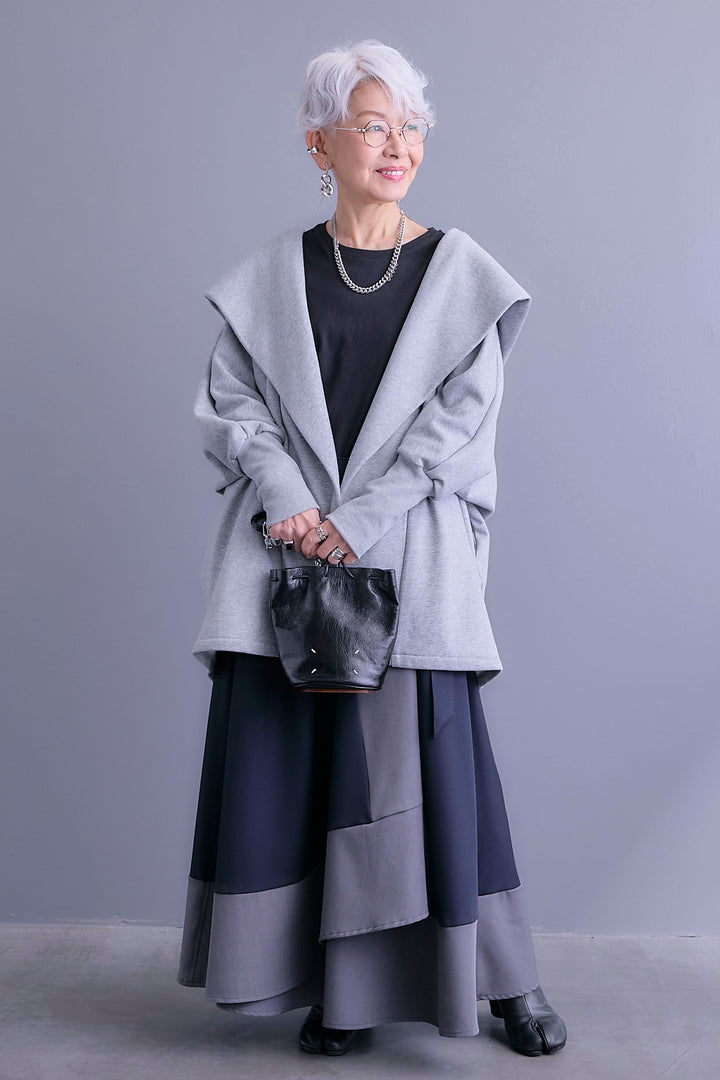 【SET】裏起毛ドルマンガウン+ツートーンアシメラップフレアスカート(2set)