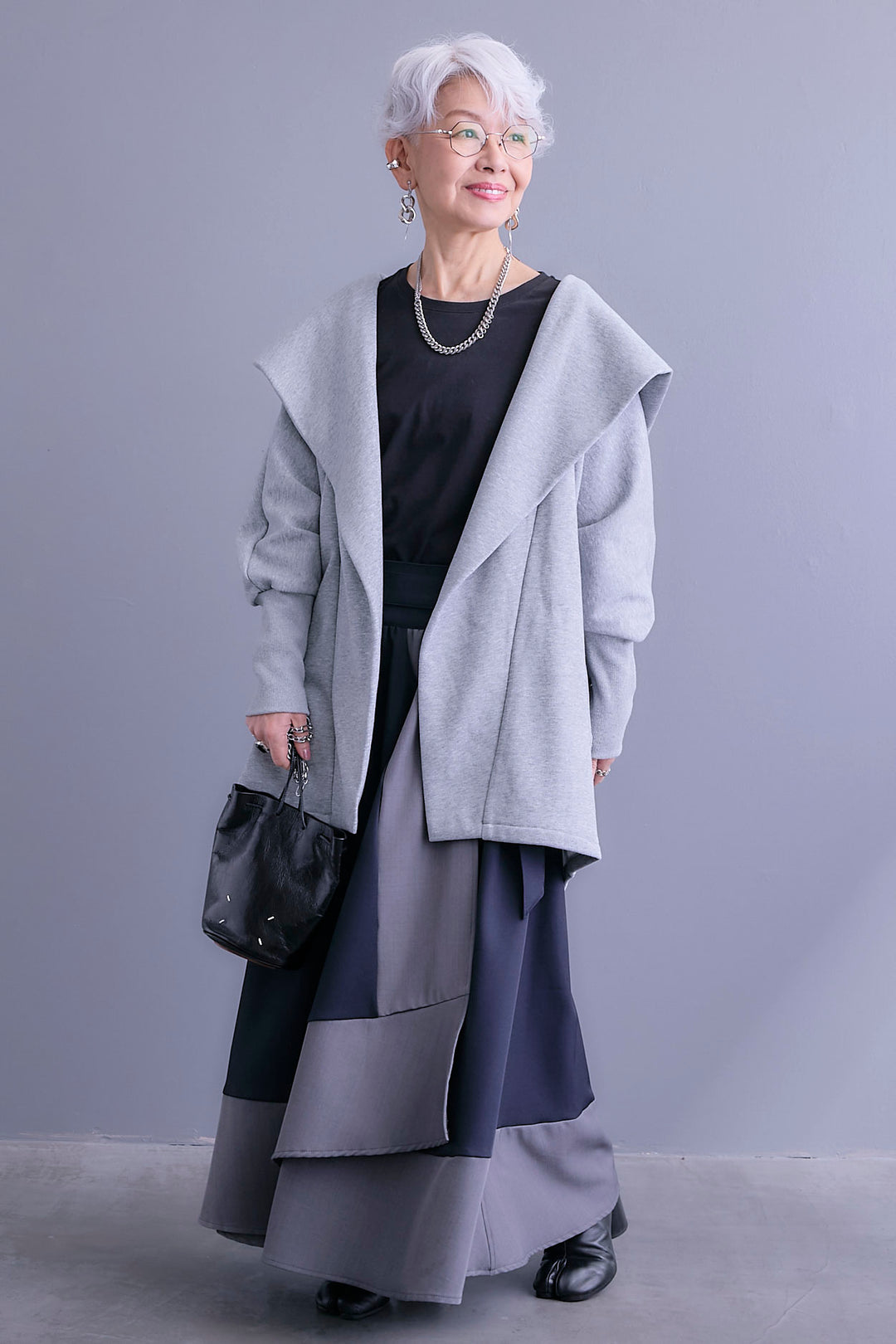 【SET】裏起毛ドルマンガウン+ツートーンアシメラップフレアスカート(2set)