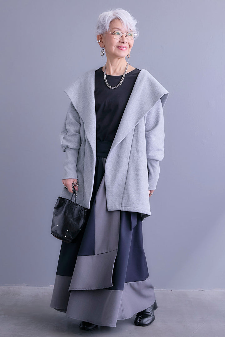 【SET】裏起毛ドルマンガウン+ツートーンアシメラップフレアスカート(2set)