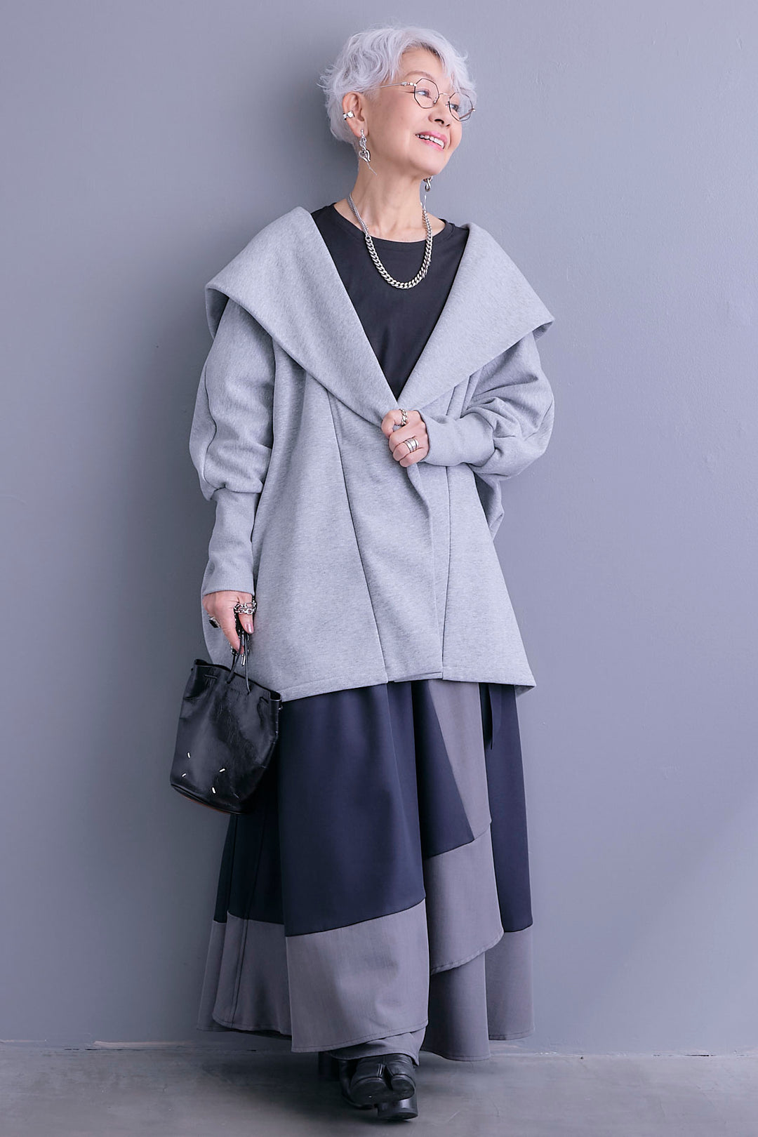 【SET】裏起毛ドルマンガウン+ツートーンアシメラップフレアスカート(2set)