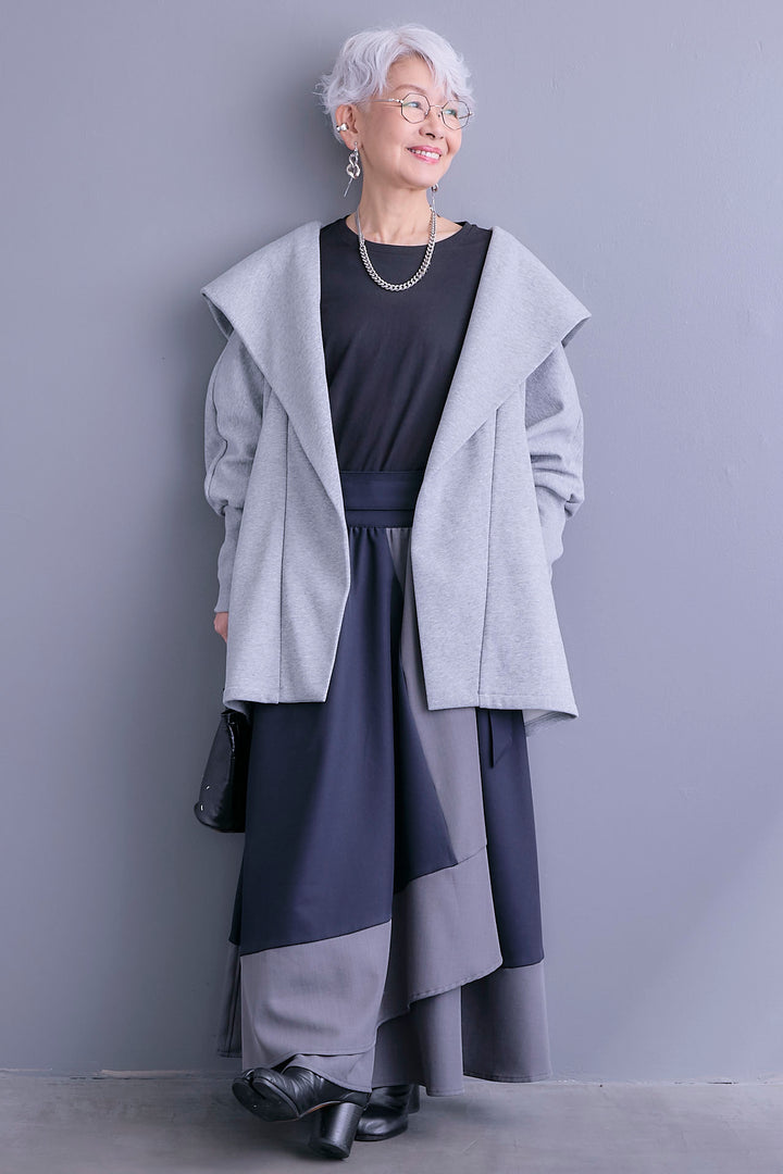 【SET】裏起毛ドルマンガウン+ツートーンアシメラップフレアスカート(2set)