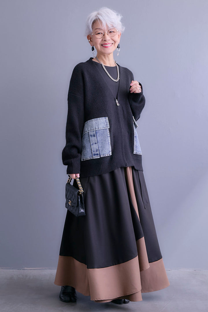 【SET】デニムポケットZIPニットカーディガン+ツートーンアシメラップフレアスカート(2set)