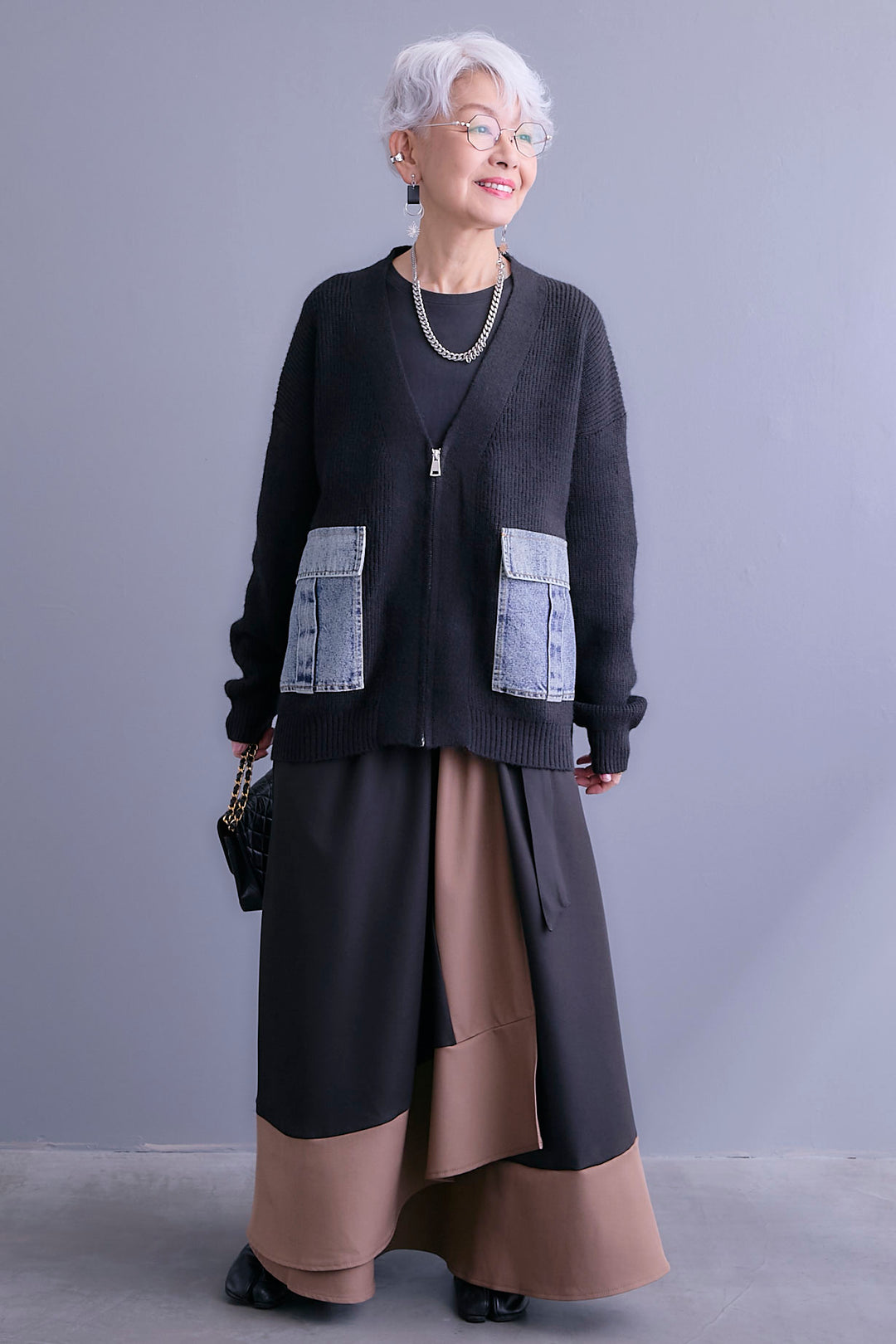 【SET】デニムポケットZIPニットカーディガン+ツートーンアシメラップフレアスカート(2set)