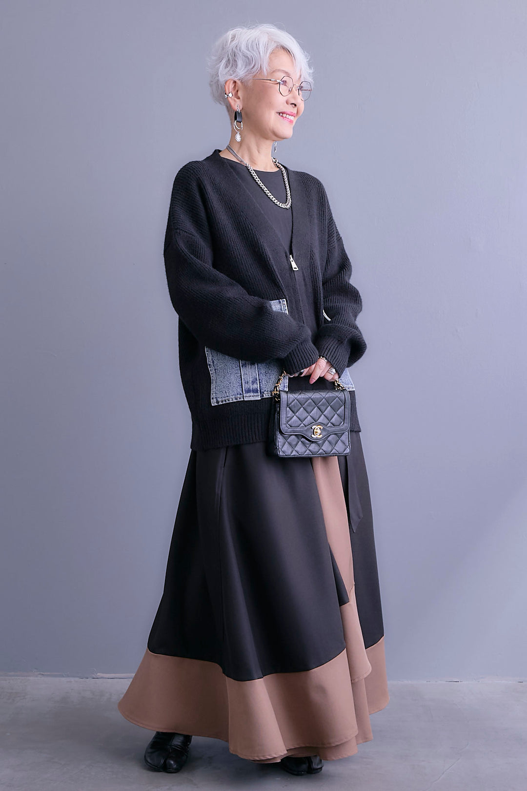 【SET】デニムポケットZIPニットカーディガン+ツートーンアシメラップフレアスカート(2set)