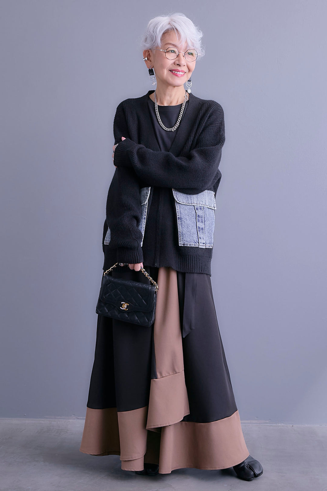 【SET】デニムポケットZIPニットカーディガン+ツートーンアシメラップフレアスカート(2set)