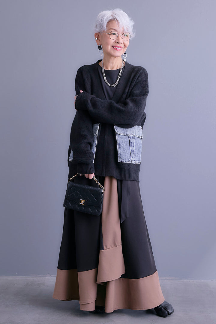 【SET】デニムポケットZIPニットカーディガン+ツートーンアシメラップフレアスカート(2set)