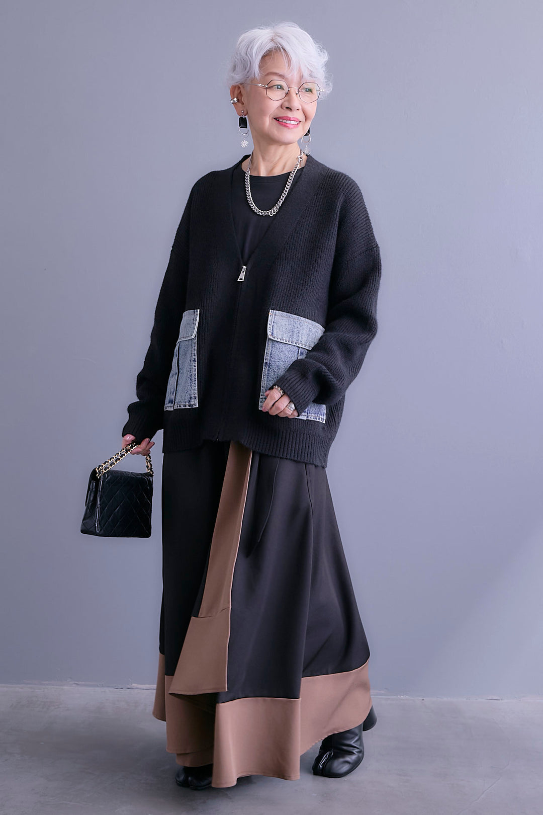 【SET】デニムポケットZIPニットカーディガン+ツートーンアシメラップフレアスカート(2set)