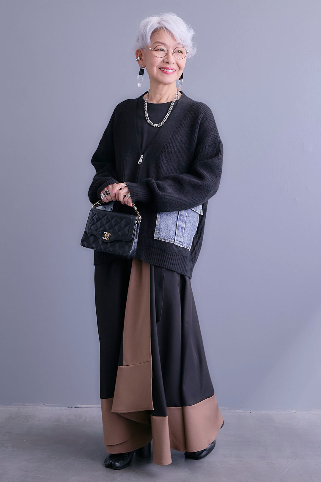 【SET】デニムポケットZIPニットカーディガン+ツートーンアシメラップフレアスカート(2set)