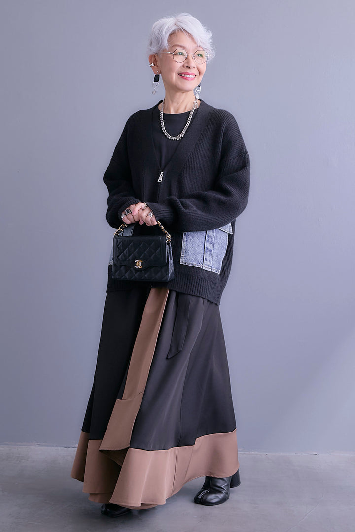 【SET】デニムポケットZIPニットカーディガン+ツートーンアシメラップフレアスカート(2set)