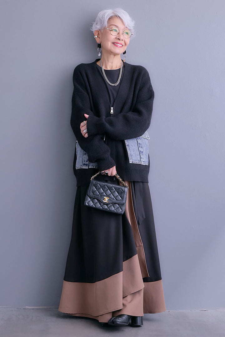 【SET】デニムポケットZIPニットカーディガン+ツートーンアシメラップフレアスカート(2set)