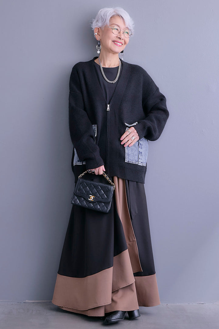 【SET】デニムポケットZIPニットカーディガン+ツートーンアシメラップフレアスカート(2set)