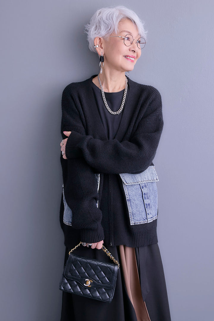 【SET】デニムポケットZIPニットカーディガン+ツートーンアシメラップフレアスカート(2set)