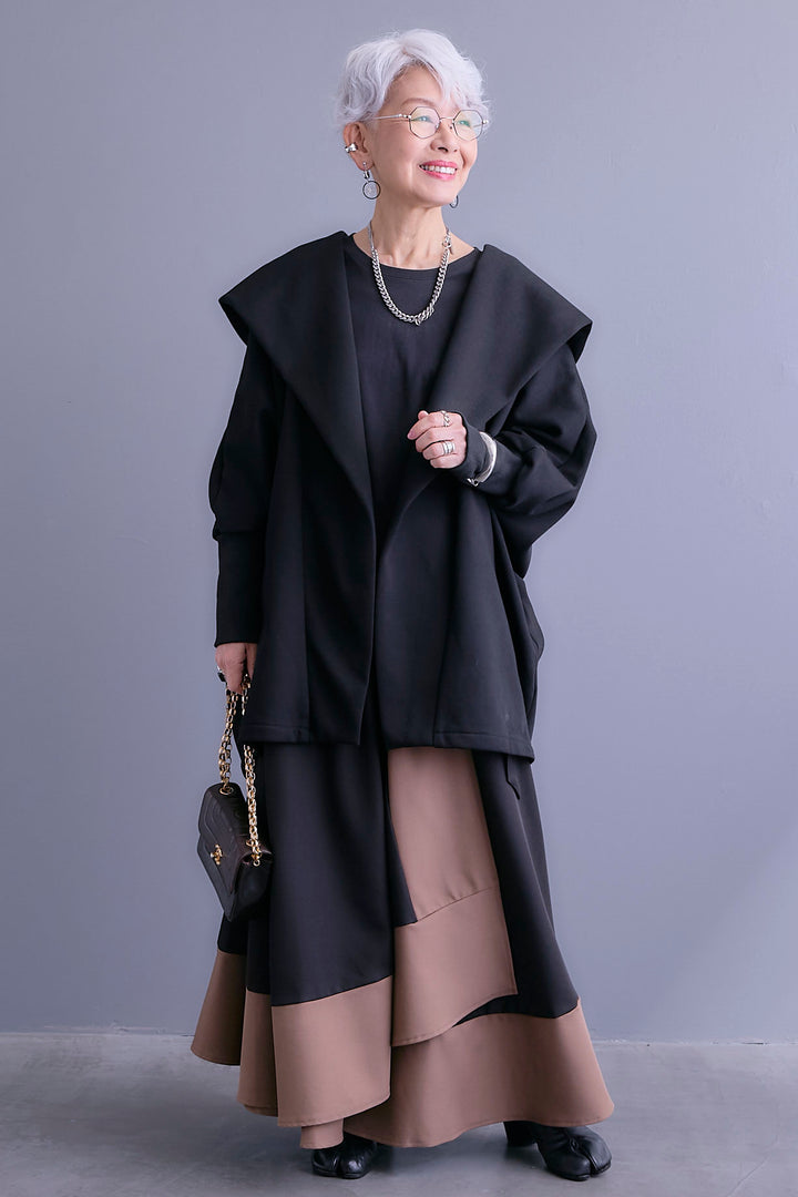 【SET】裏起毛ドルマンガウン+ツートーンアシメラップフレアスカート(2set)