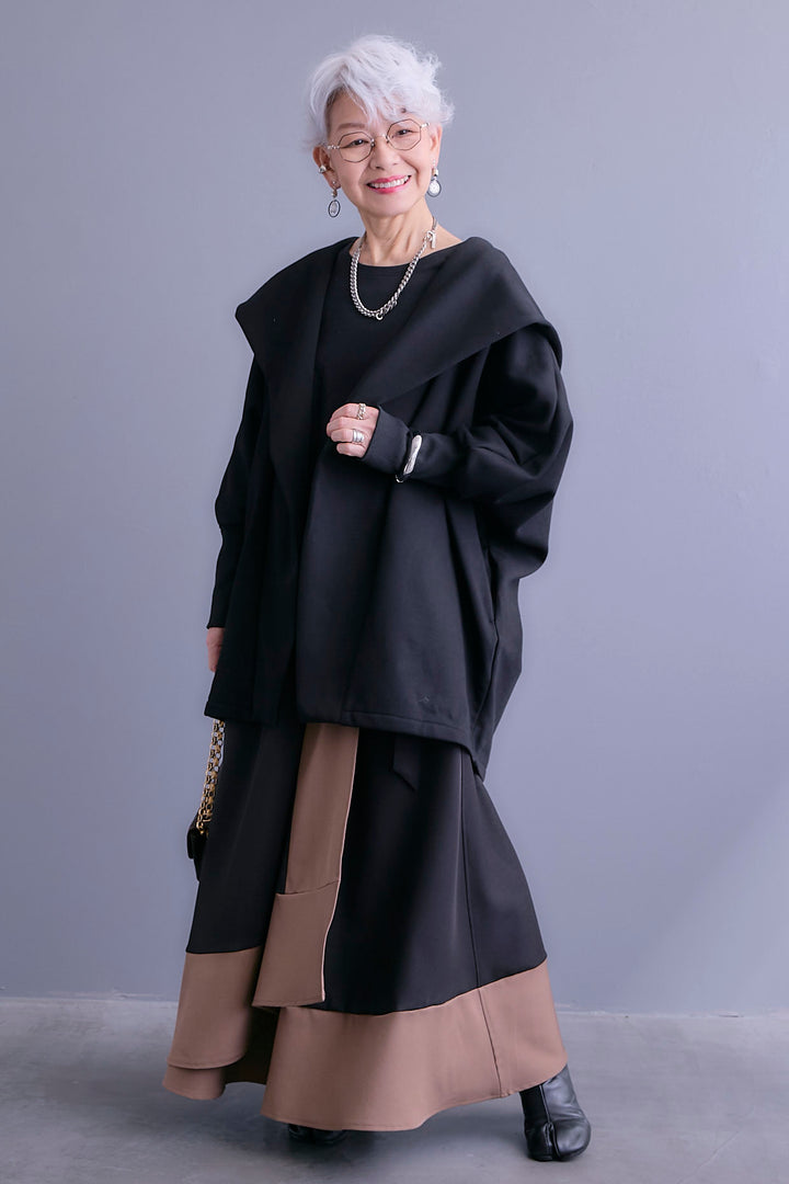 【SET】裏起毛ドルマンガウン+ツートーンアシメラップフレアスカート(2set)